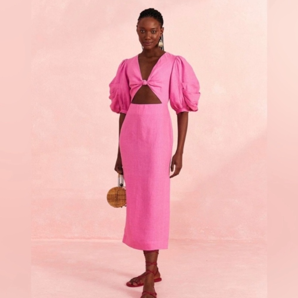 Farm Rio pink puff sleeve linen dress